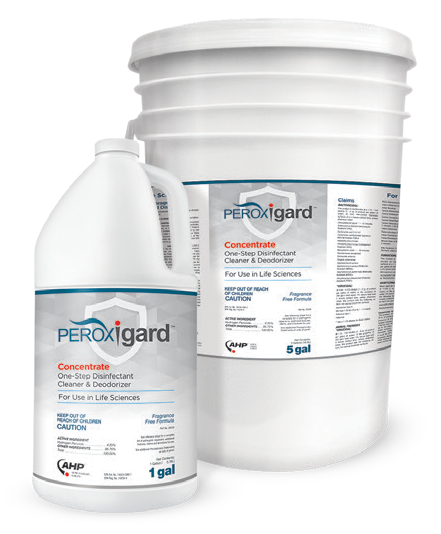 Bottle and pail of Peroxigard concentrate