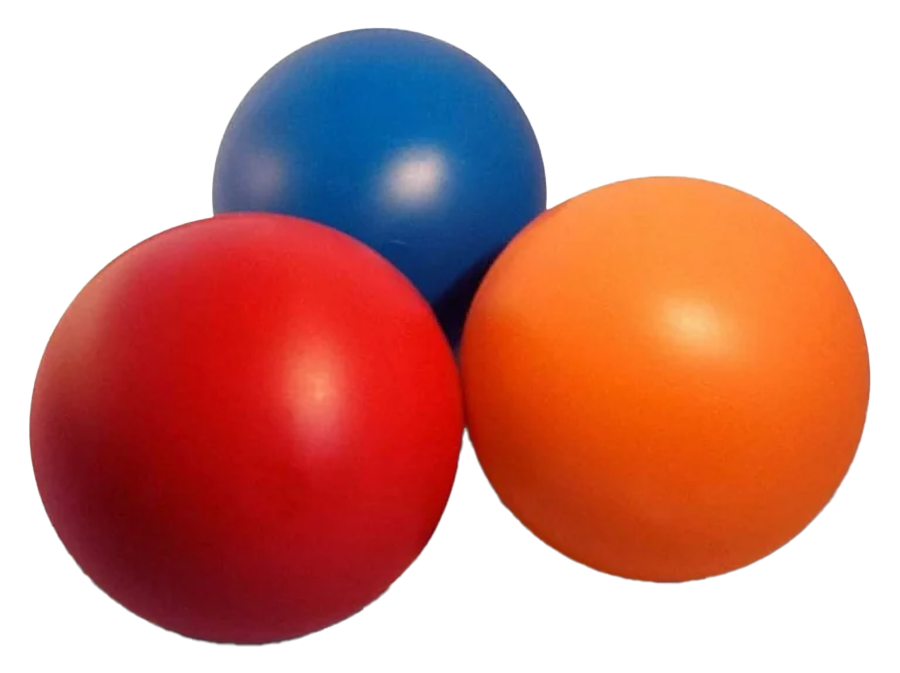 Ht Pet Best Balls in blue, orange, and red.