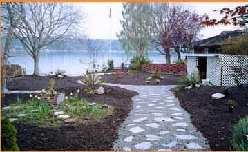 A path leading to a house with a lake in the background