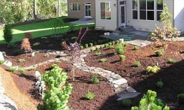A house with a lot of plants and trees in front of it.