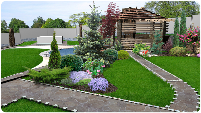 A picture of a garden with a house in the background