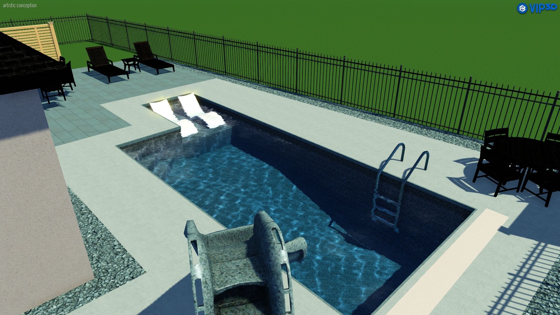 A 3D rendering of a rectangular backyard pool with a slide, lounge chairs, patio furniture, and a fence.