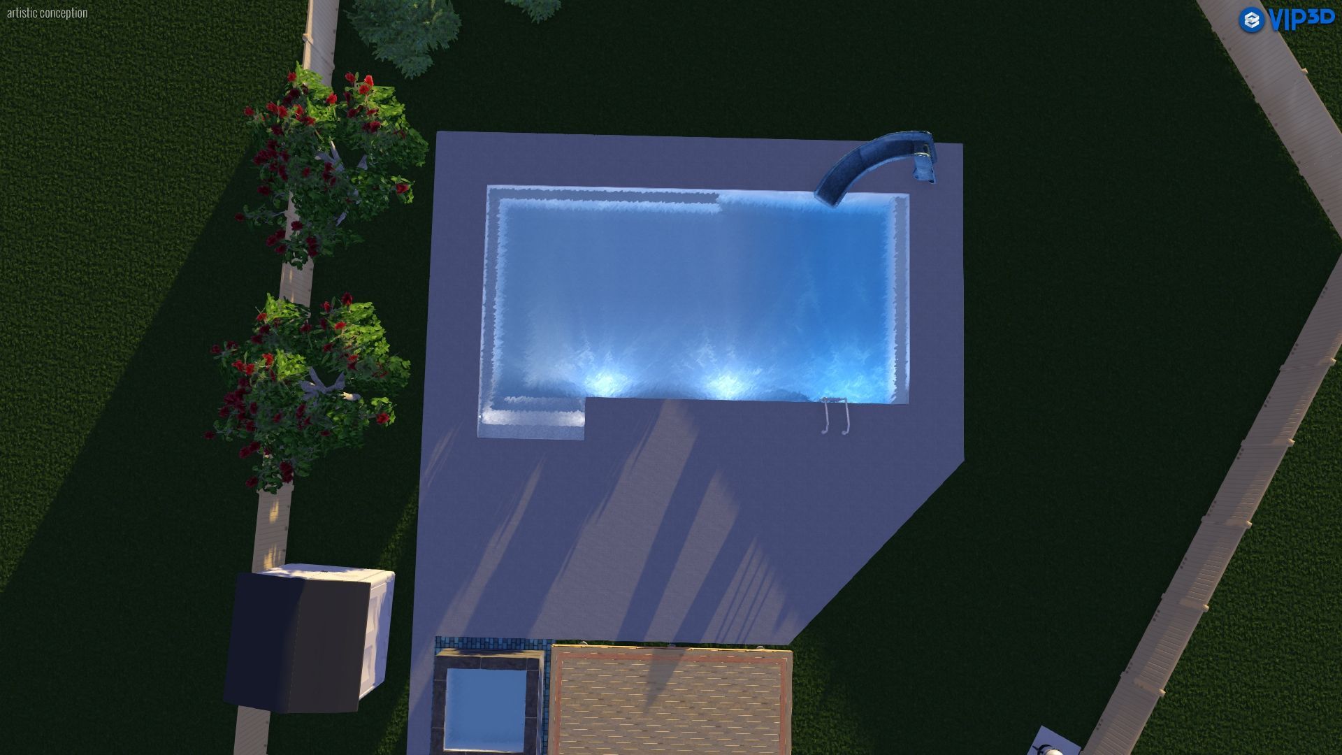 Top-down view of a rectangular backyard pool with a blue slide, lights, and surrounding patio area at night.