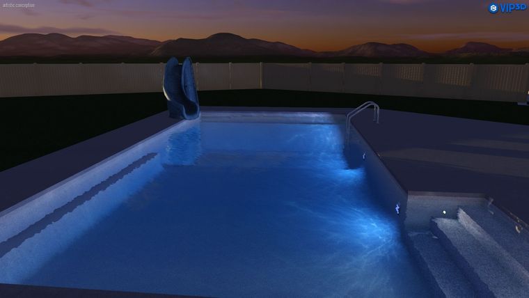A rectangular backyard swimming pool with blue lighting, a slide, and integrated stairs, set against a sunset landscape.