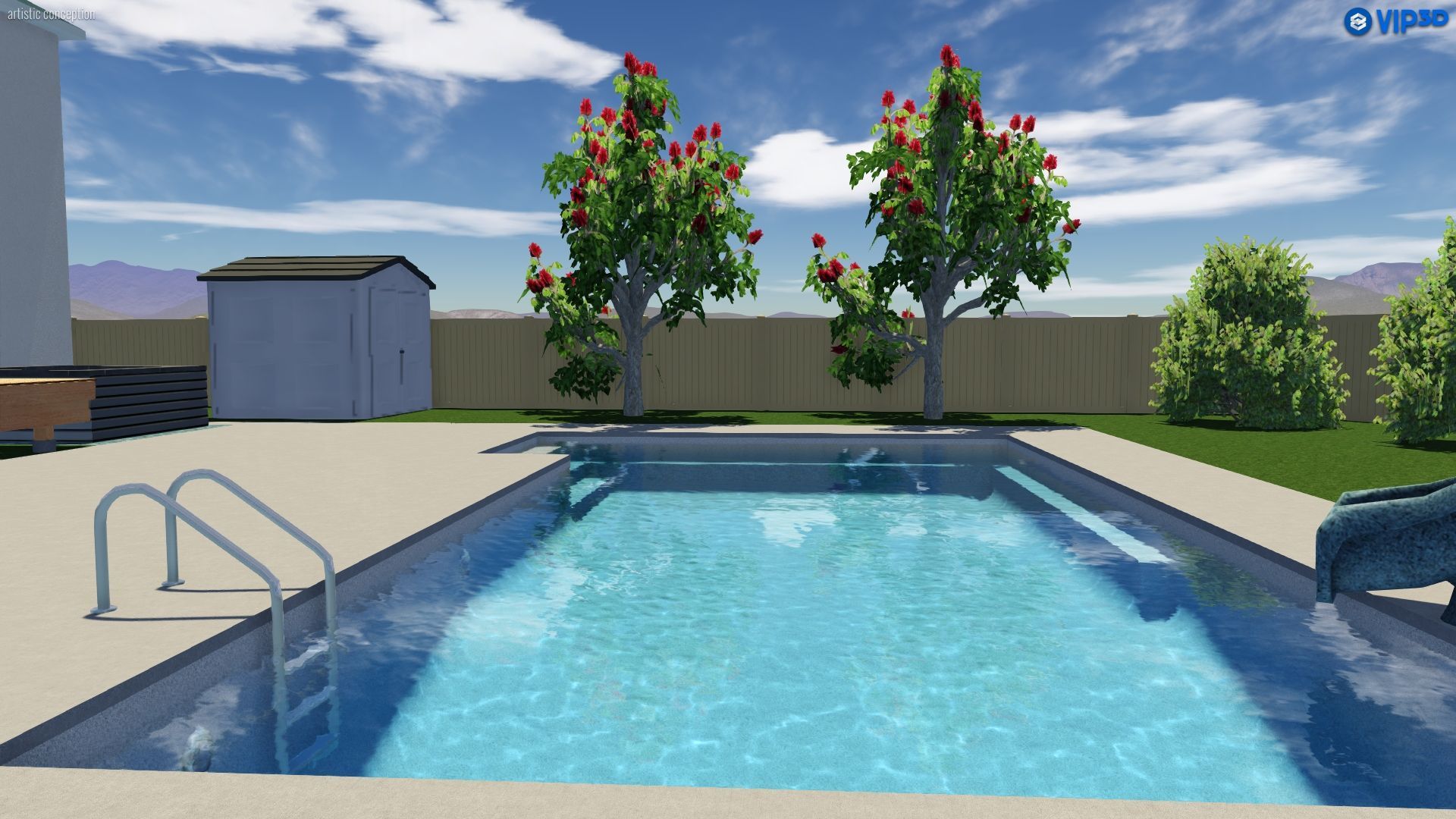 A swimming pool with steps, a ladder, and a slide in a backyard with two flowering trees and a shed under a blue sky.