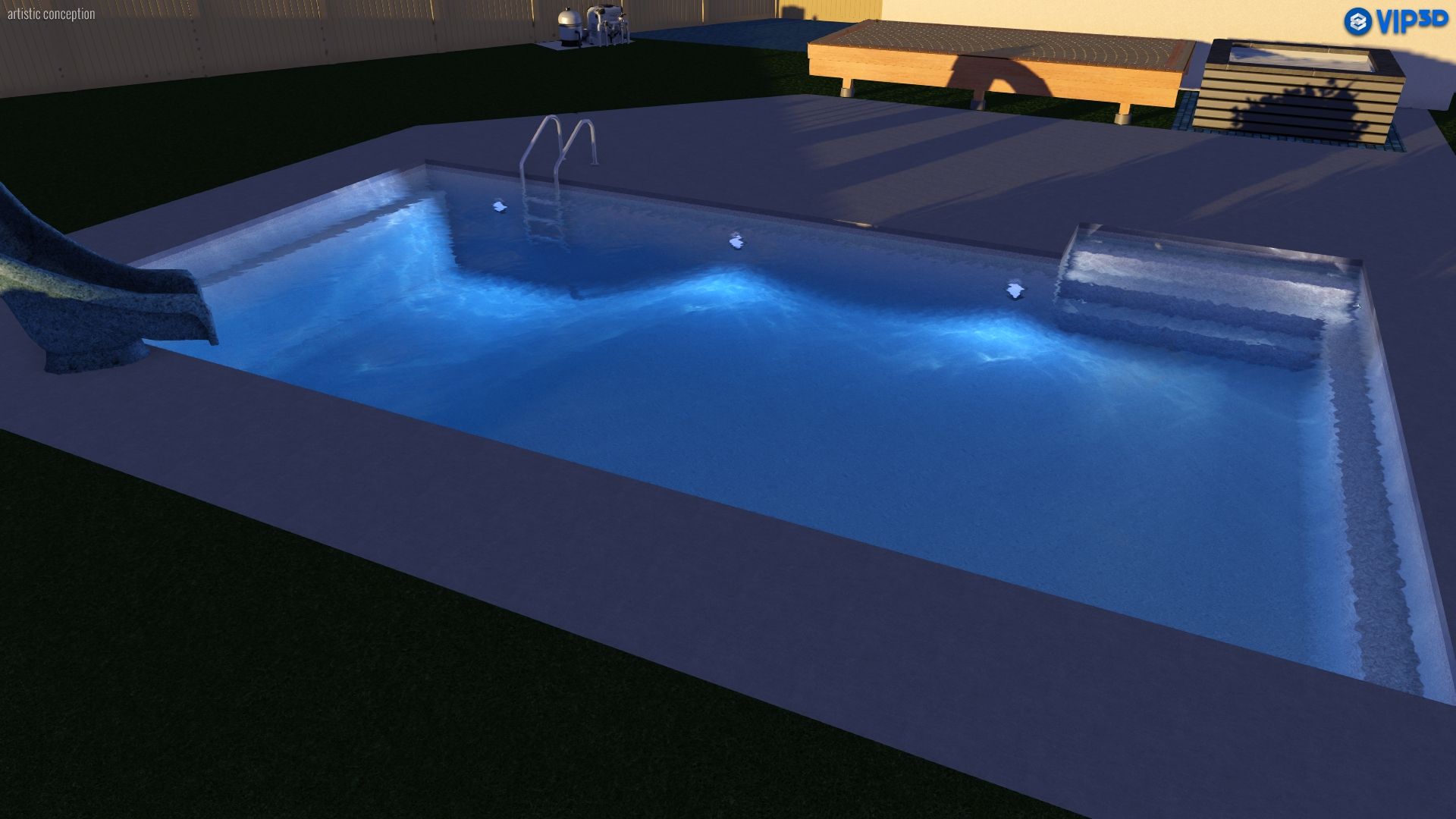 An illuminated rectangular swimming pool at night, featuring a slide, pool ladder, and a deck with lounge chairs.