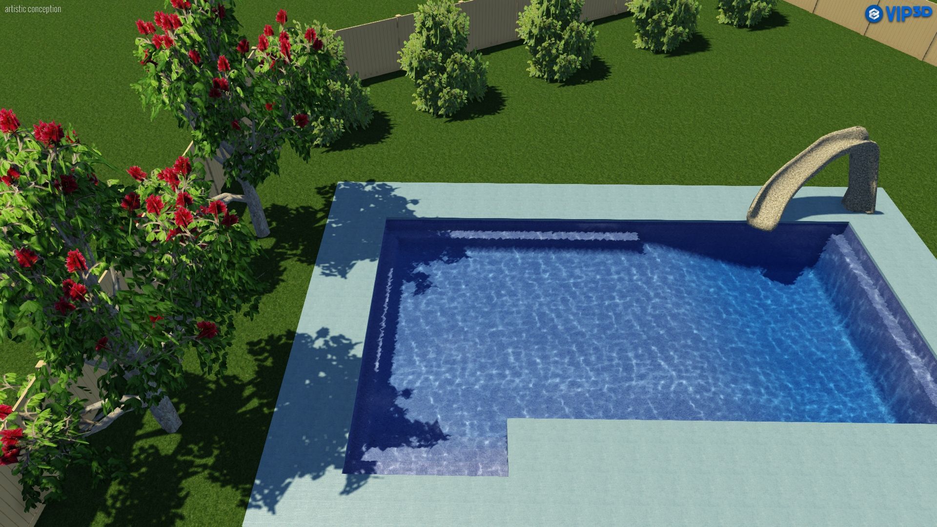 A high-angle view of a rectangular, blue-tiled swimming pool with a slide, set in a yard with trees and green grass.