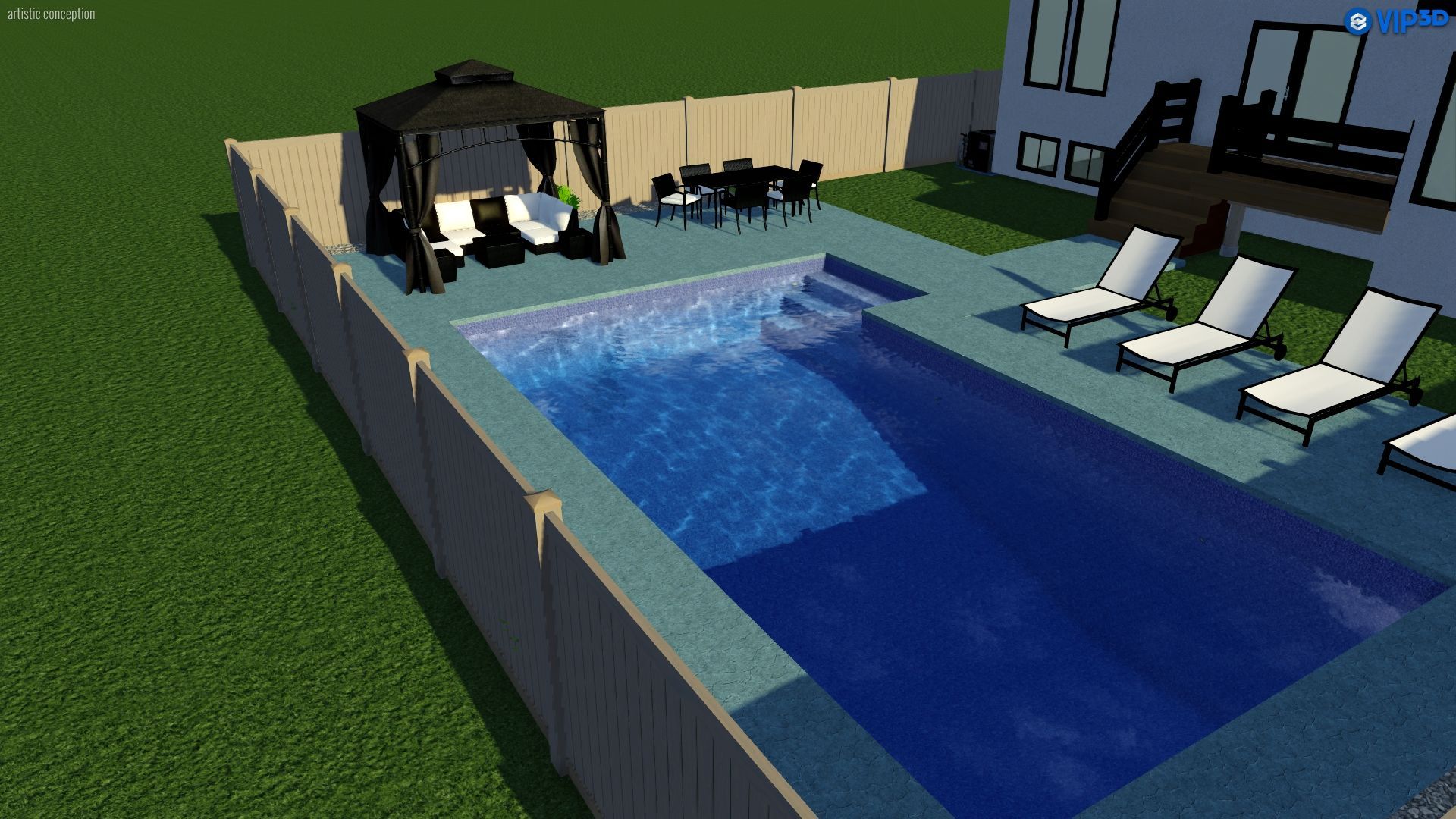 A 3D rendering of a backyard with a rectangular swimming pool, a gazebo, dining area, and several lounge chairs.
