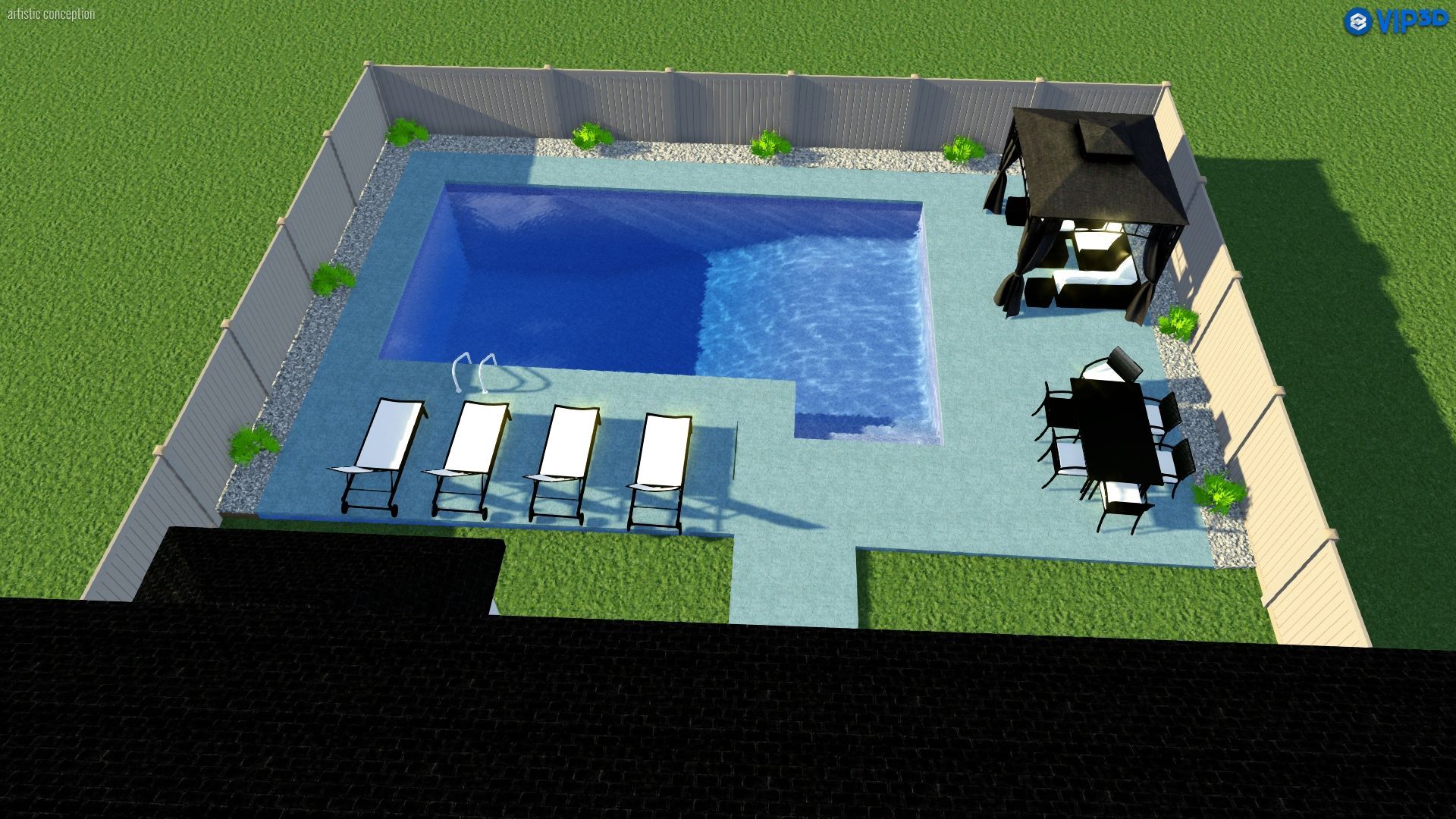 A high-angle 3D rendering of a backyard featuring a rectangular swimming pool, lounge chairs, a dining set, and a gazebo.