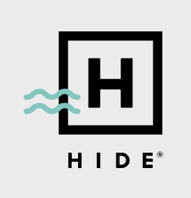 A logo featuring a bold black letter "H" inside a black square, with light blue wavy lines to the left and "HIDE" below.