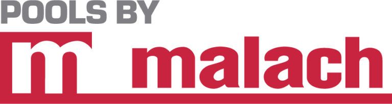 The logo for Pools by Malach features the word "POOLS BY" in grey above the red lowercase text "malach" and a large "m".