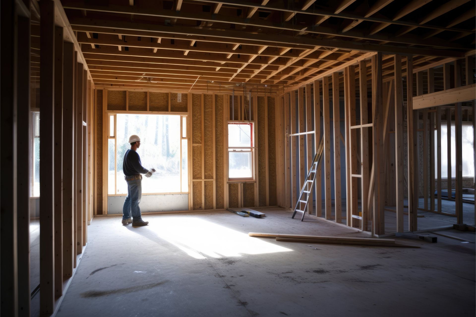 A worker in a hard hat stands inside a room under construction with exposed wooden wall studs and a bright window.
