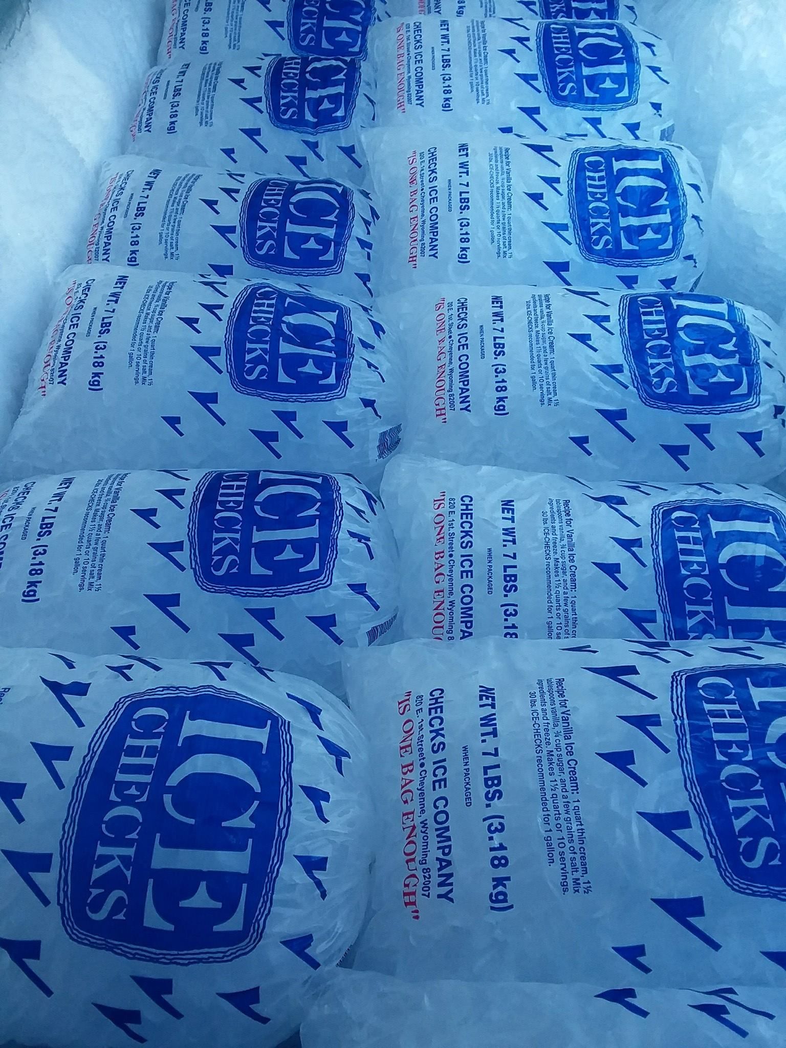 Bags of ice, labeled 