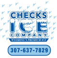 Logo for Checks Ice Company, featuring text and a phone number (307-637-7829) with ice-themed design elements.