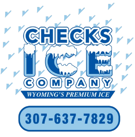 Logo for Checks Ice Company, featuring text and a phone number (307-637-7829) with ice-themed design elements.