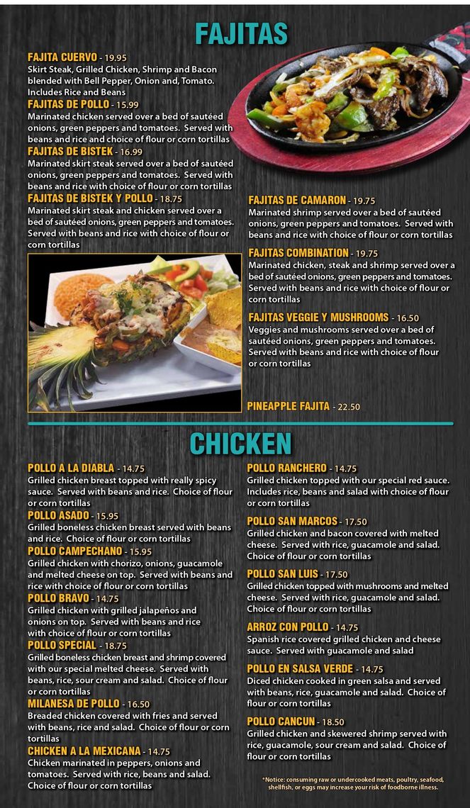 Fajitas & Chicken Menu - Portage, IN - Mexico Lindo Mexican Restaurant Bar and Grill
