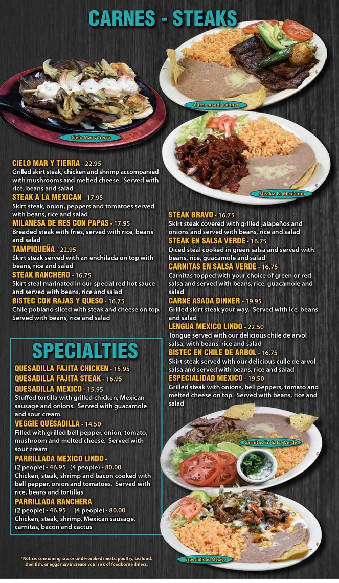 Carnes - Steaks Menu - Portage, IN - Mexico Lindo Mexican Restaurant Bar and Grill