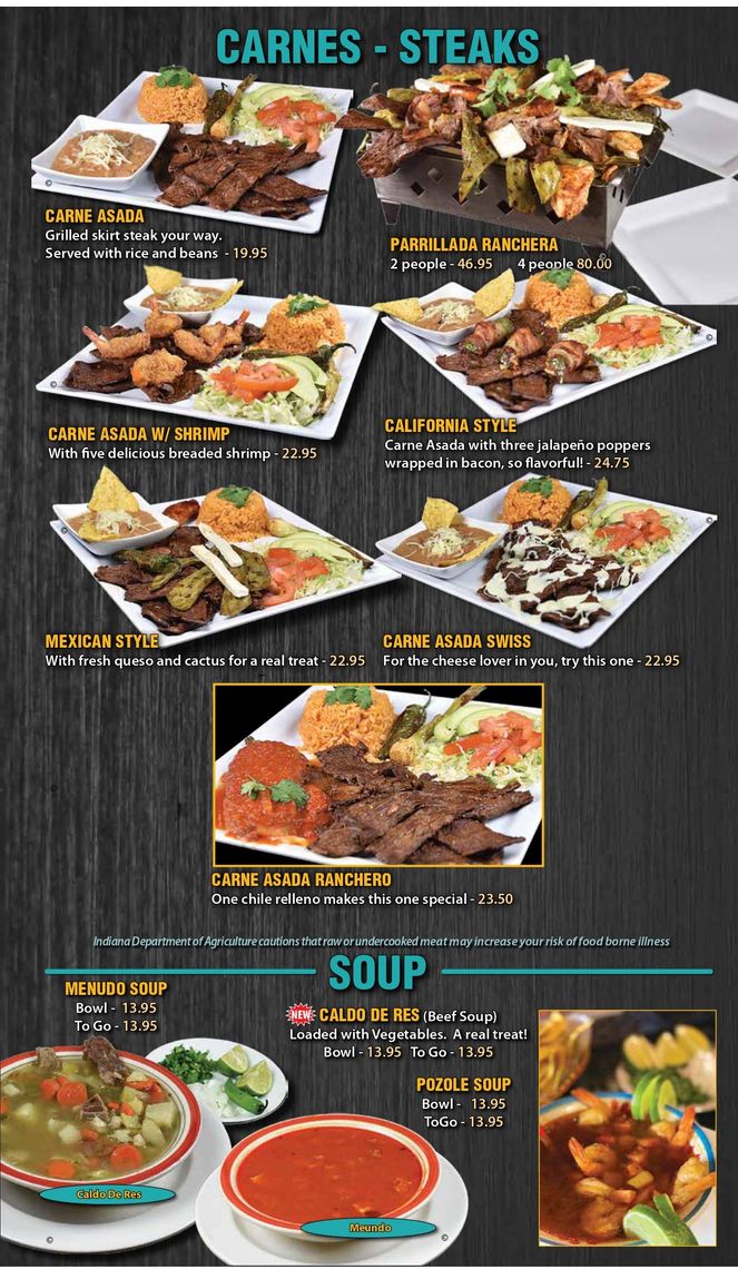 Carnes - Steaks and Soup Menu - Portage, IN - Mexico Lindo Mexican Restaurant Bar and Grill