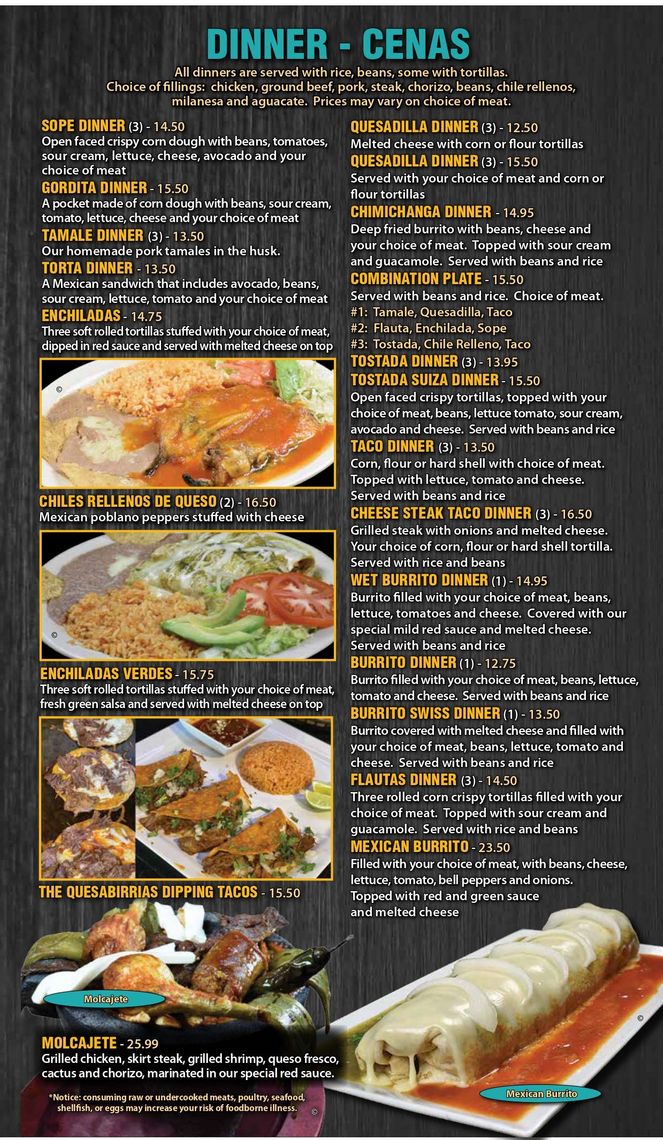 Dinner - Cenas Menu - Portage, IN - Mexico Lindo Mexican Restaurant Bar and Grill