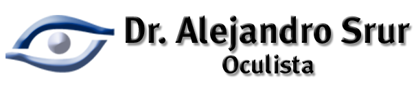 Logotipo del Dr. Alejandro Srur, Oculista, con icono de ojo azul y texto negro sobre fondo blanco.