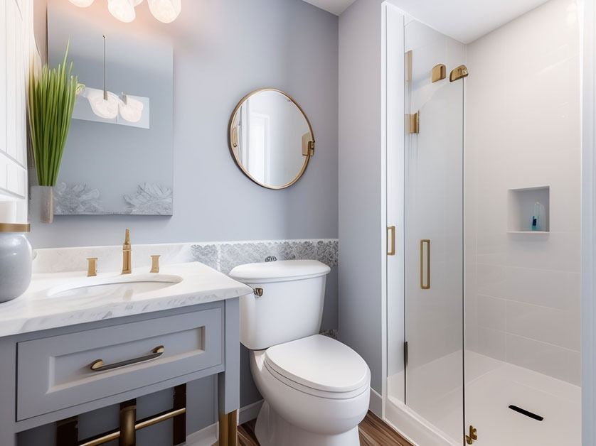 A modern bathroom with light gray walls, a marble vanity, a gold-framed circular mirror, a toilet, and a glass shower.