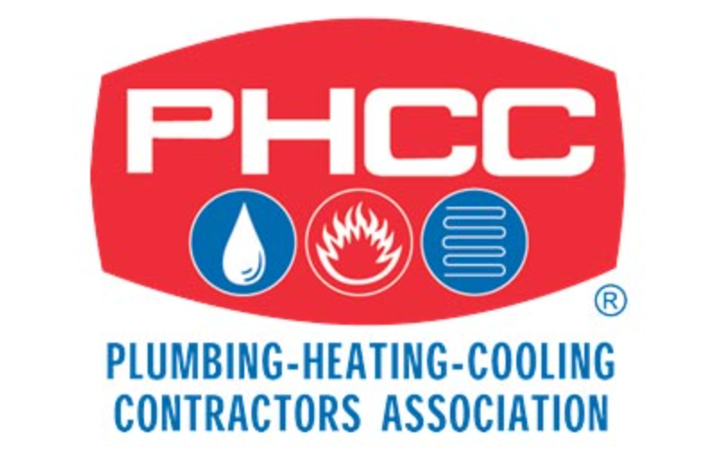 PHCC logo: Red oval with white text, blue icons of water droplet, flame, and radiator.