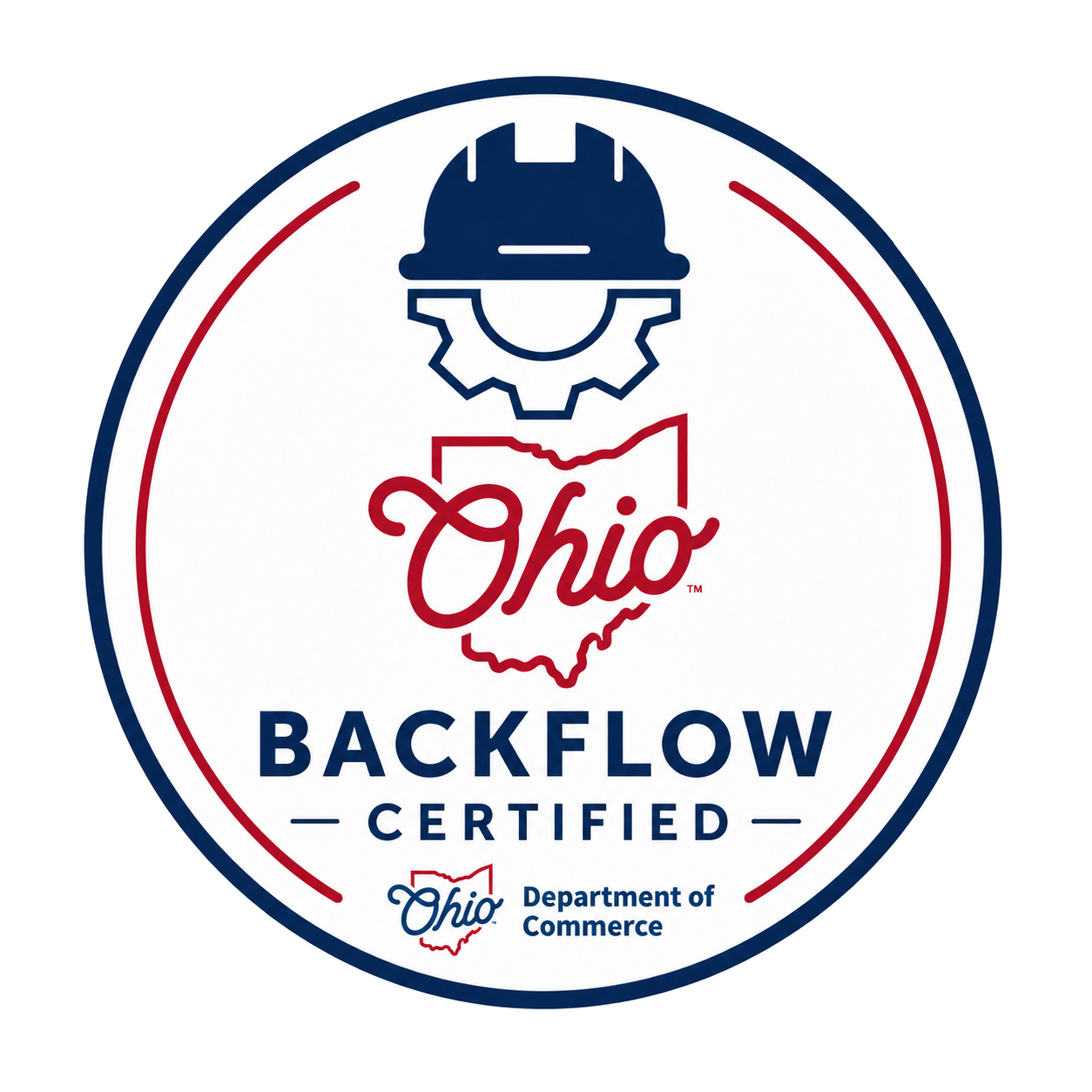 Ohio Backflow Certificate logo with blue hard hat, red script, and Department of Commerce seal
