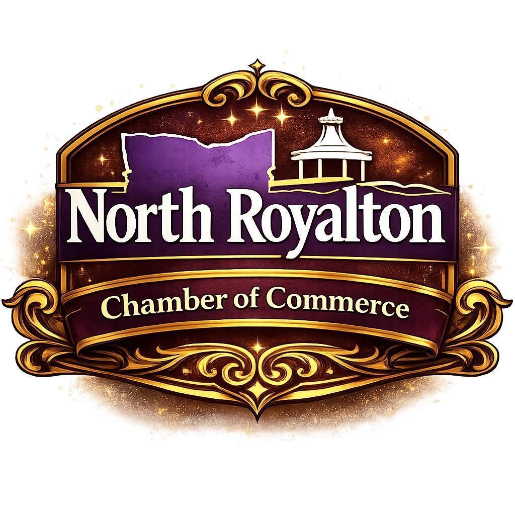North Royalton Chamber of Commerce logo with purple and gold crest and a white pavilion icon