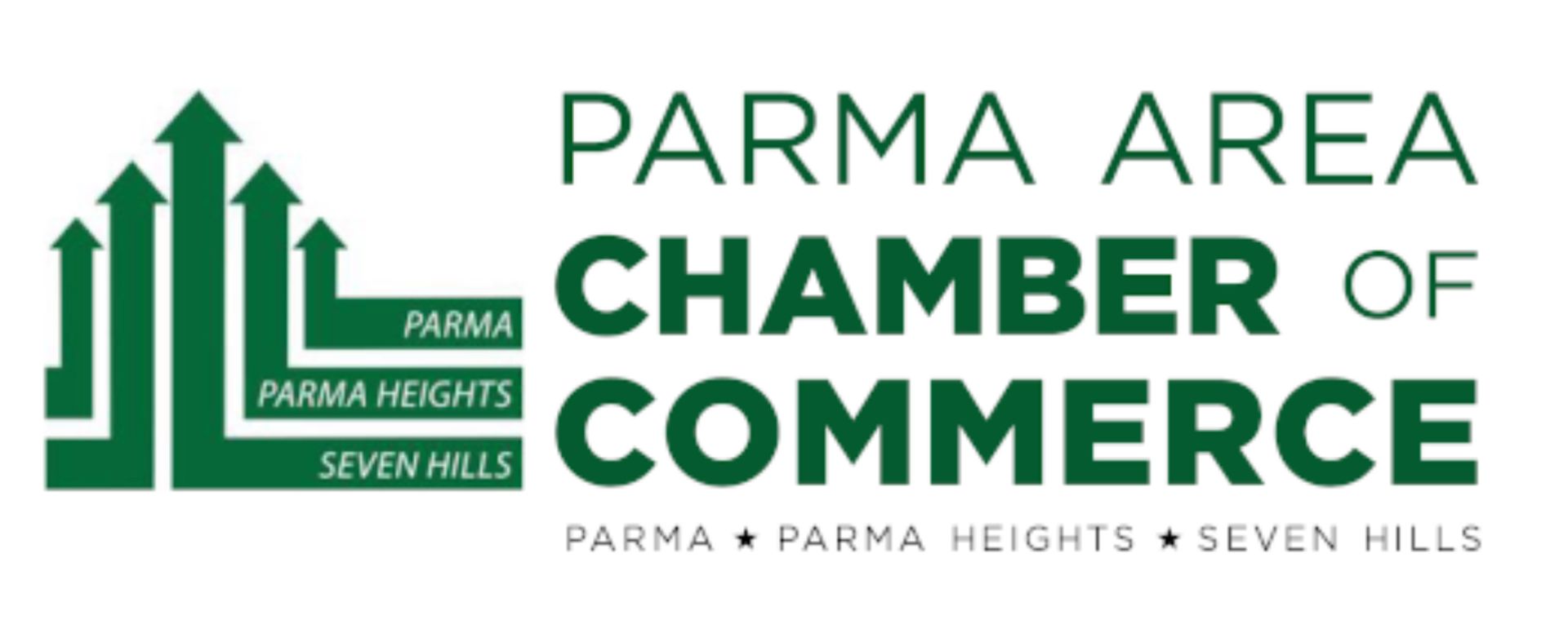 Parma Area Chamber of Commerce logo with green stylized skyline and “Parma, Parma Heights, Seven Hills” text