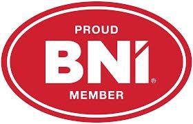 Oval logo: Red with white border, 