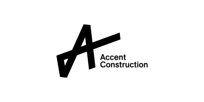 Black logo for Accent Construction; an abstract 