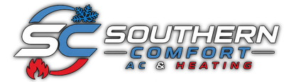 Southern Comfort AC & Heating logo in blue, gray, and red with stylized SC lettering and flame icon