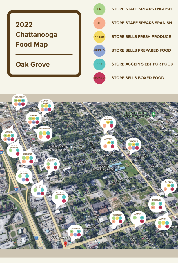 2022 Chattanooga Food Map for Oak Grove, an aerial view of the area with store locations color-coded for services.