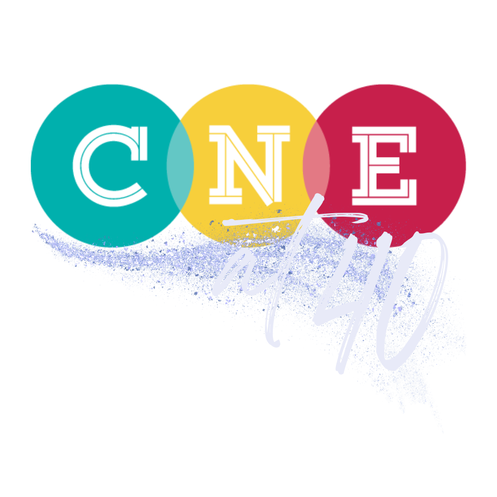 Logo featuring the letters C, N, and E in white, overlapping colorful circles (teal, yellow, red) with a blue and white swirl.