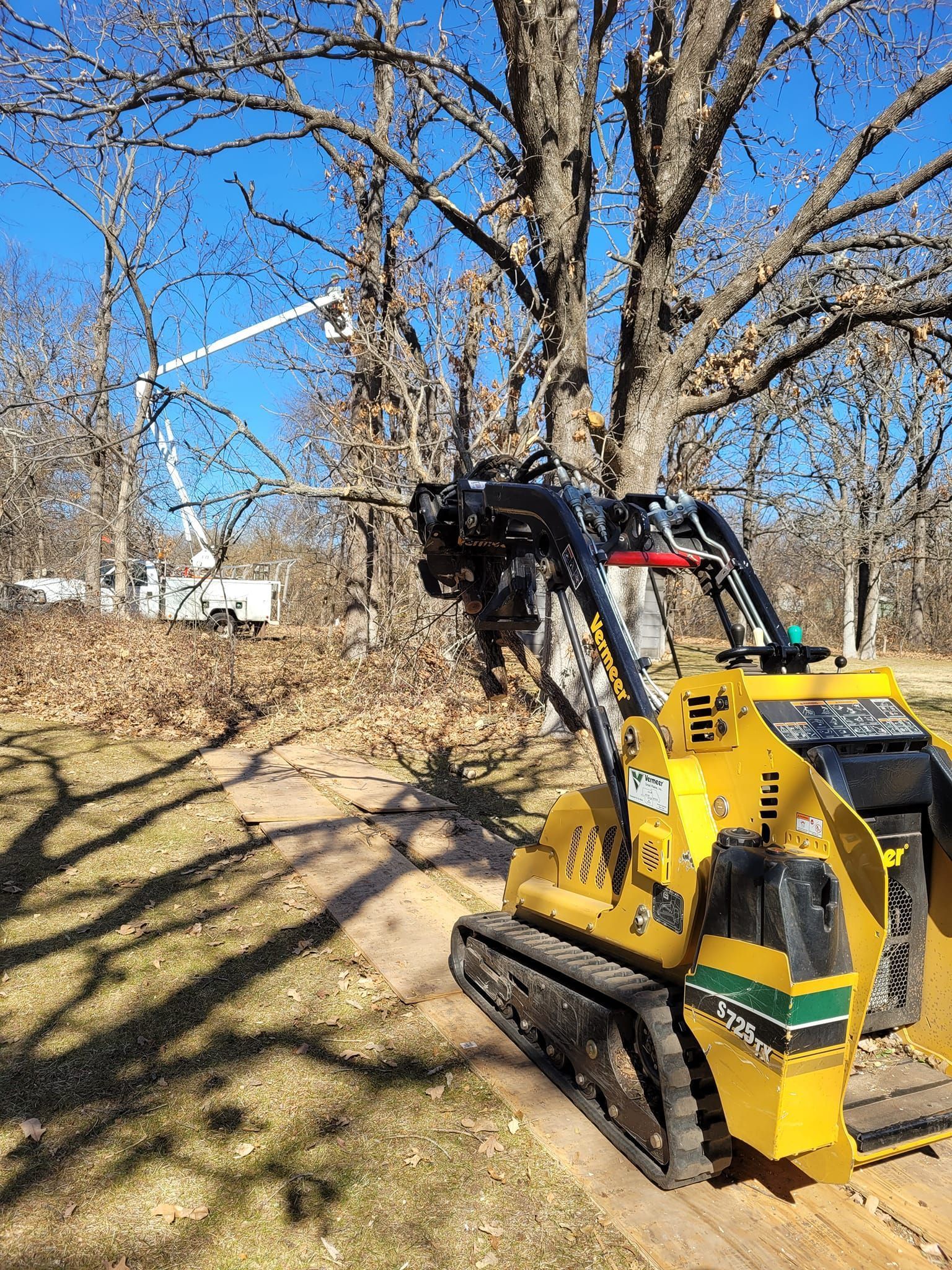 Yellow tracked skid steer with tree-trimming equipment, cutting limbs in a wooded area with blue sky.