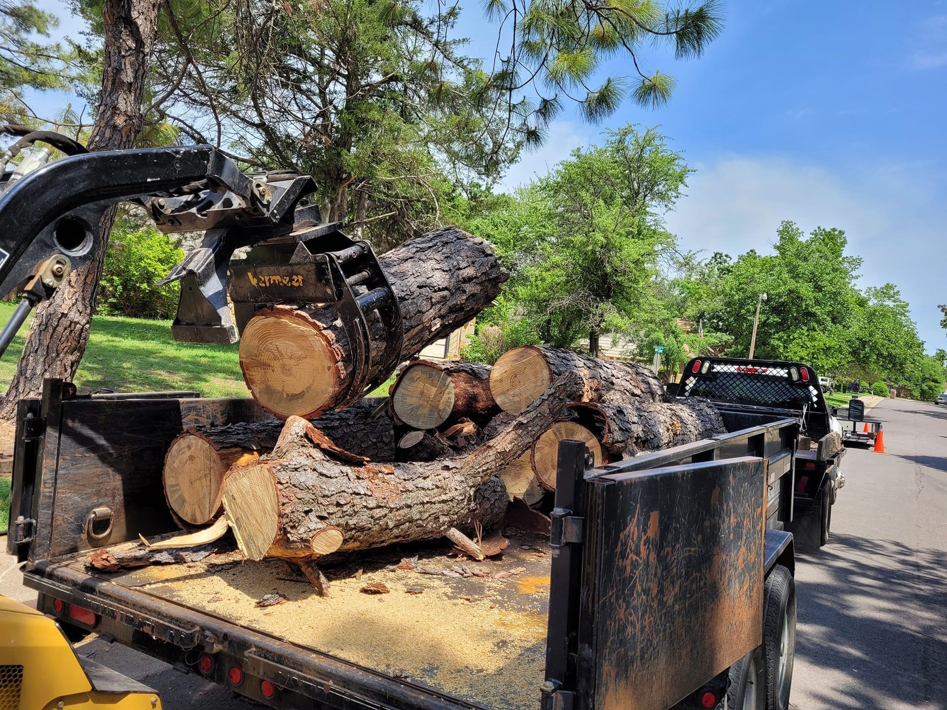 A loader placing a tree log into a truck bed filled with cut logs on a sunny day.
