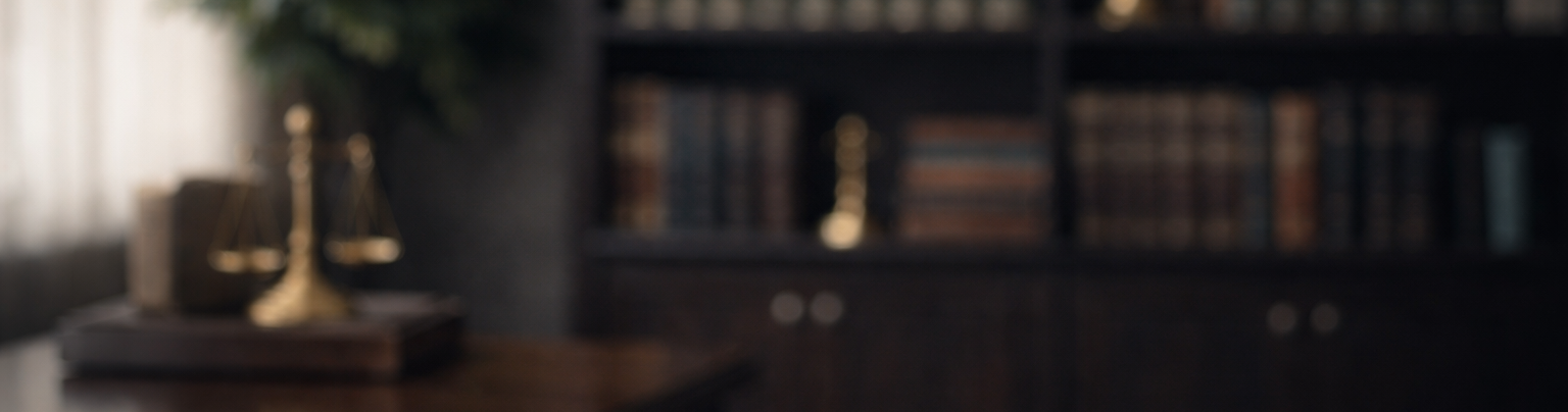 A brass scale of justice sits on a desk in front of a blurred wooden library bookshelf.