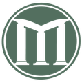 A sage green circular emblem featuring three white architectural columns arranged to form the letter