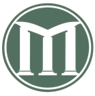 A sage green circular emblem featuring three white architectural columns arranged to form the letter 