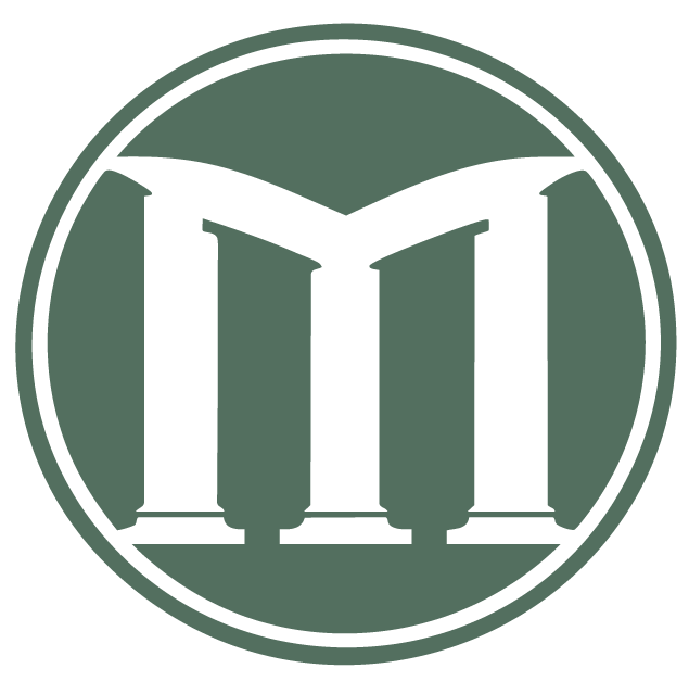 A sage green circular emblem featuring three white architectural columns arranged to form the letter