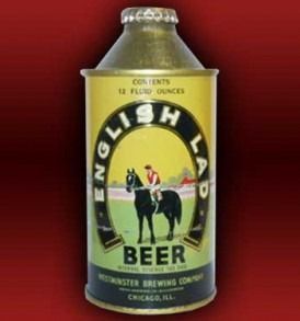 Vintage English Lab beer can with a yellow label and black dog illustration on a red background