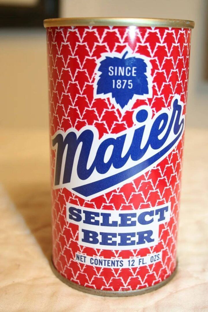 Maier Select Beer can with red patterned label and blue logo, top view visible