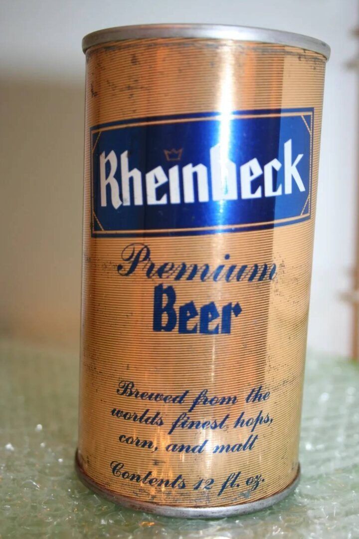 Rheinbeck Premium Beer can with tan label and blue logo
