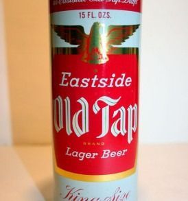 Red beer can labeled “Eastside Old Tap Lager Beer” on a white background