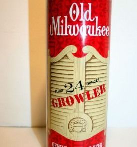 Old Milwaukee beer can, red and cream label, 24 ounces Growler.