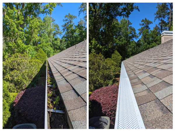 Two views of a roof's gutter, one full of debris, the other clean with a gutter guard, against a backdrop of green trees and blue sky.