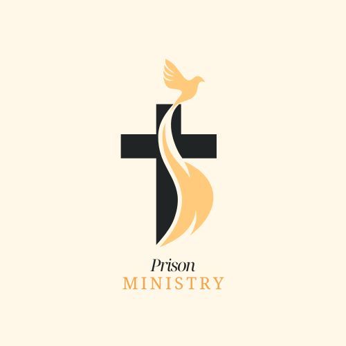 Black cross with gold dove and flame, labeled “Prison Ministry” on a cream background