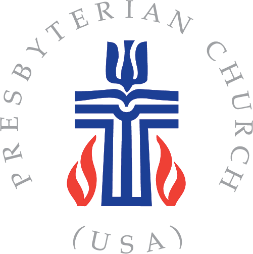 Presbyterian Church (USA) logo with blue cross and flame symbols on a white background