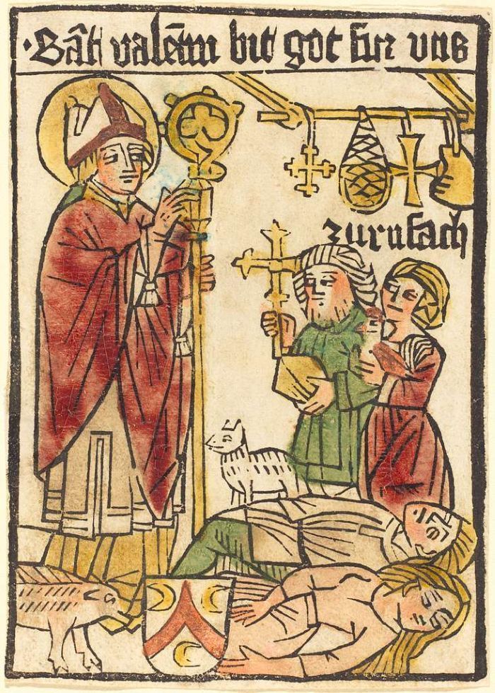 Medieval religious illustration with a bishop, two figures, a lamb, and a man lying on the ground.