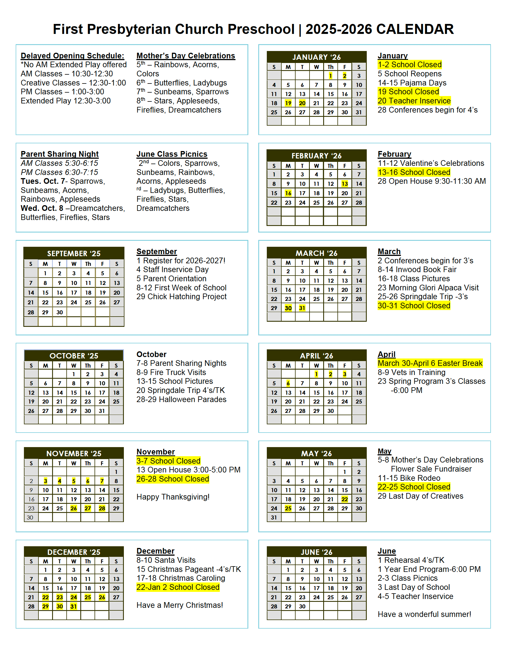 Church preschool 2025-2026 calendar with monthly grids and highlighted dates